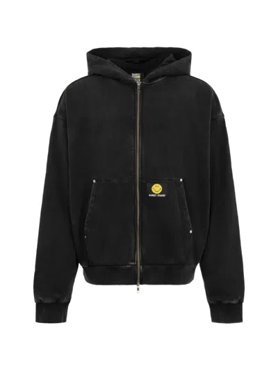 Market Smiley Embroidered Zip-up Hoodie In Black