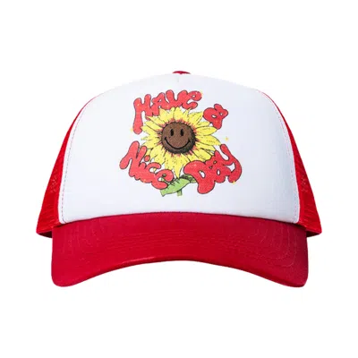 Pre-owned Market Smiley Sunflower Trucker Hat 'red/white' | Men's Size Onesize