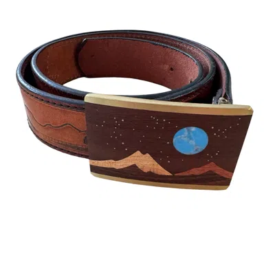 Marketplace 70s Wood And Turquoise Inlay Buckle On Embossed Landscape Belt In Brown