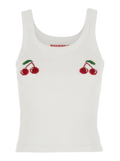 Markgong Beaded Cherry Tank Top In White