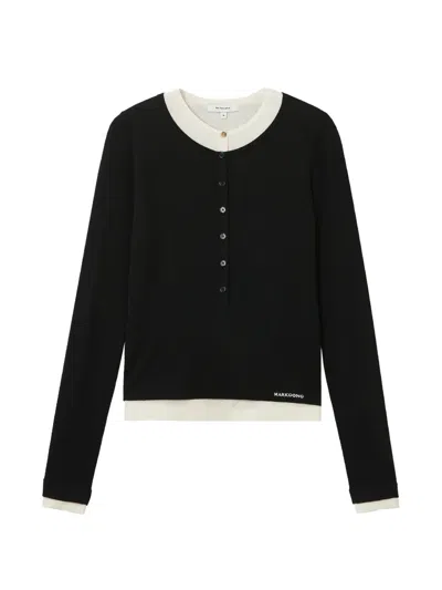 Markgong Contrast-trim Long-sleeve Polo Top In Black