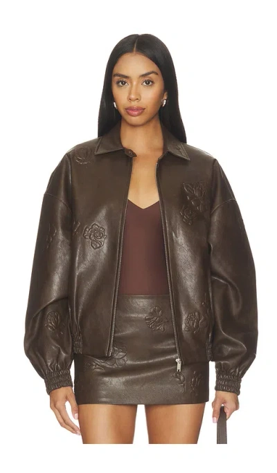 Markgong Faux Leather Floral Imprinted Baseball Jacket In Brown