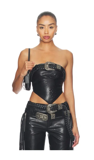 Markgong Faux Leather Floral Imprinted Tube Top With Detachable Belt In Black