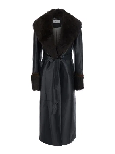 Markgong Fur-collar Polyurethane Coat In Black