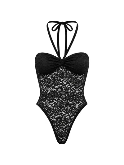 Markgong Lace Halterneck Bodysuit In Black