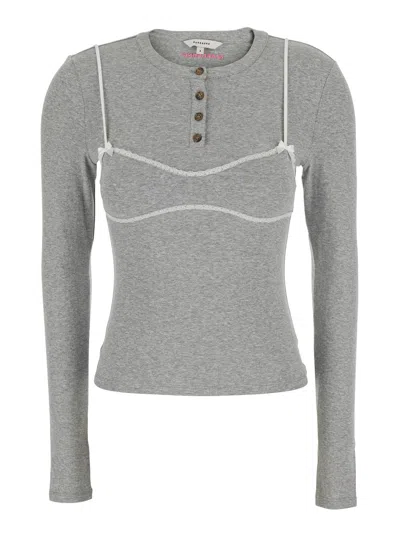 Markgong Lace Trim Bralette Detail Mini V-neck Long Sleeve Henley T-shirt For Women In Grey