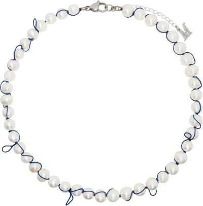 Marland Backus White Knotted Pearl Necklace In Navy Thread