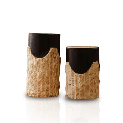 Marleth Black / Brown Handmade Travertine Vases & Leather Wrap Detail, Set Of Two In Multi