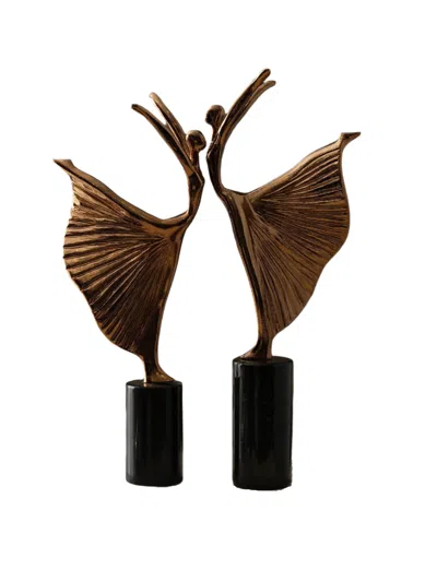 Marleth Black / Brown Set Of Two Bronze Ballerina Sculptures On Black Marble Bases In Multi