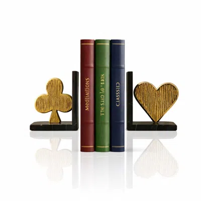 Marleth Black / Gold Black Marble And Brass Heart And Clover Bookend Set In Multi