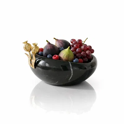 Marleth Black / Gold Black Marble Asymmetric Bowl With Gold Brass Pomegranates In Multi
