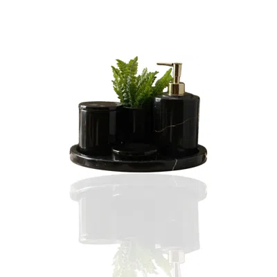 Marleth Black Round Marble Bathroom Set With Tray  & Four-pieces Set