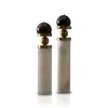 Marleth Black / White Handmade Marble Cylinder Candle Holders – Tall & Short Pair With Brass Sphere Accents