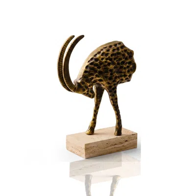 Marleth Brown Abstract Brass Ibex Sculpture On Travertine Base