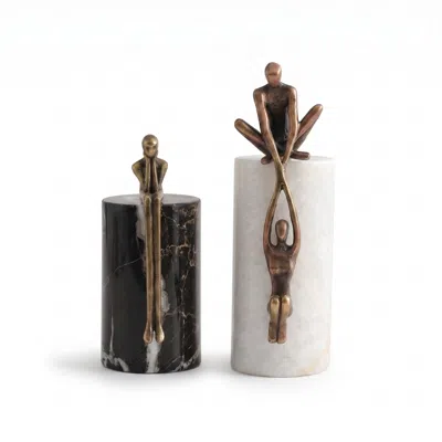 Marleth Brown Abstract Bronze Figure Sculptures On Marble Pedestals – Set Of Two