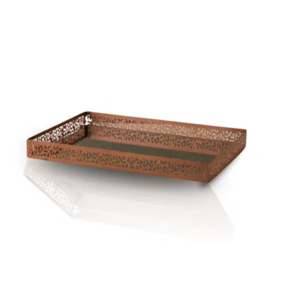Marleth Brown Brass Tray With Cut-out Abstract Pattern & Mirrored Base – Copper Finish