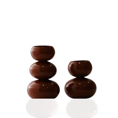 Marleth Brown Set Of Two Hand-carved Cinnamon Marble Ripple Texture Decorative Vases