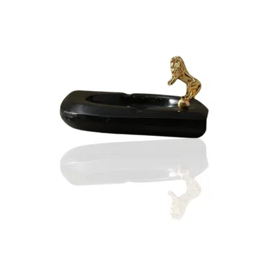 Marleth Gold / Black Black Marble Oval Ashtray With Gold Lion Detail