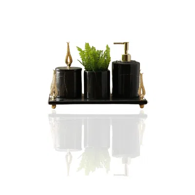 Marleth Gold / Black Handmade Black Marble Bathroom Set With Tray – Gold Floral Detail & Four-piece Set In Multi