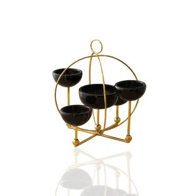 Marleth Gold / Black Set Of Five Black Marble Bowls With Gold Planet Stand In Multi