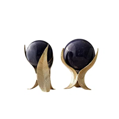Marleth Gold / Black Set Of Two Feather Marble Sphere Decor, Gold & Deep Blue In Multi