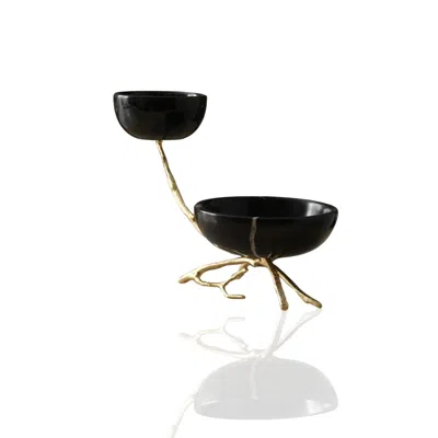 Marleth Gold / Black Two-tier Black Marble Serving Bowls With Gold Branch Base In Multi