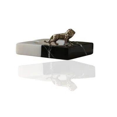 Marleth Gold / Black / White Black & White Marble Square Ashtray With Silver Lion Detail