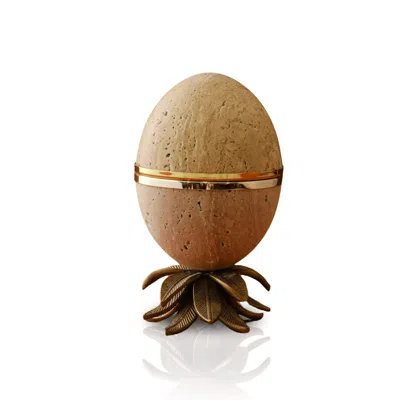 Marleth Gold / Brown Handmade Travertine Decorative Egg With Lotus Base, Beige & Brass Band Detail
