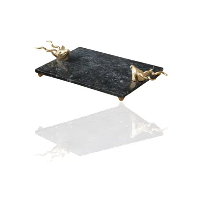 Marleth Gold / Grey Black Marble Tray With Gold Twin Deer Handles In Multi