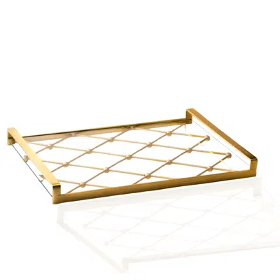 Marleth Gold / Neutrals Rectangular Brass & Glass Tray With Geometric Lattice Base