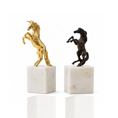 Marleth Gold Set Of Two Bronze Horse Sculptures On Marble Bases