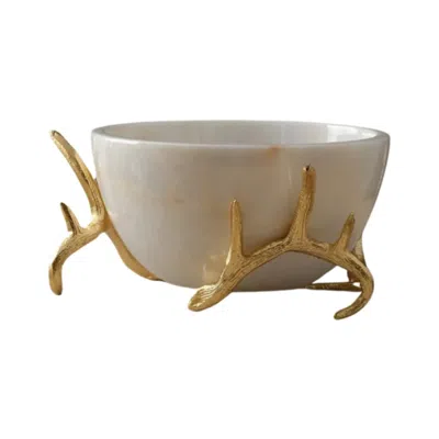 Marleth Gold / White Antler Marble Bowl With Gold Brass Stand In Multi