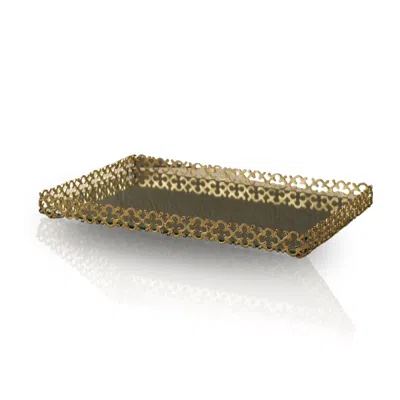 Marleth Gold / White Gold-toned Brass Tray With Clover Cut-out Border & Mirrored Base In Multi