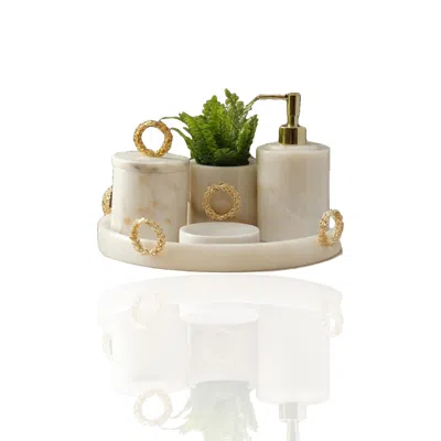 Marleth Gold / White Golden Circkle Marble Bathroom Set & Round Marble Tray, Four-pieces In Multi