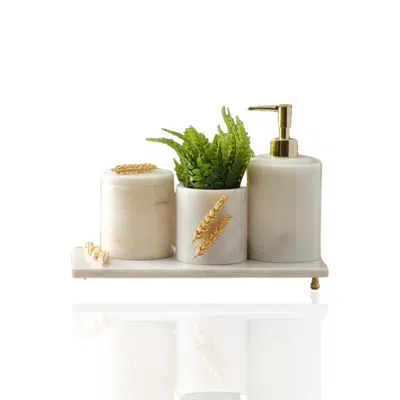 Marleth Gold / White Golden Motif Marble Bathroom Set Four-piece, White Marble & Gold Detailing