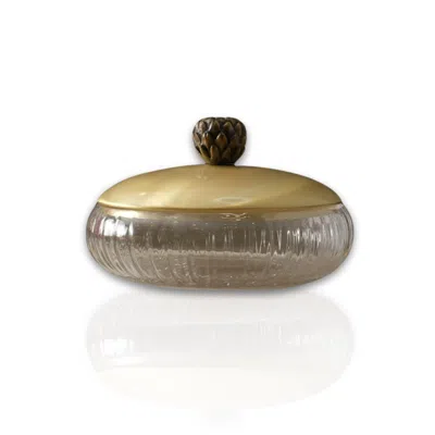 Marleth Gold / White Ribbed Glass Serving Bowl With Gold Brass Lid & Black Handle In Multi