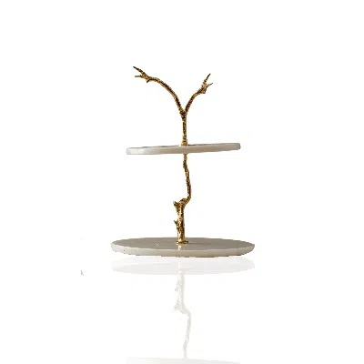 Marleth Gold / White Two-tier White Marble Stand With Gold Branch Detail