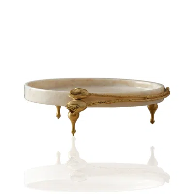 Marleth Gold / White White Marble Footed Serving Tray With Double Tulip Accent In Multi