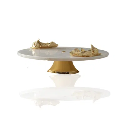 Marleth Gold / White White Marble Serving Stand With Twin Gold Fish Detail In Multi