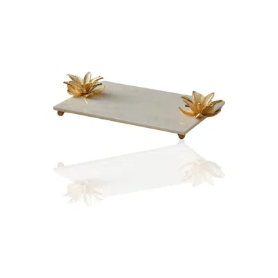 Marleth Gold / White White Marble Tray With Gold Lotus Flower Handles