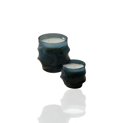 Marleth Green Deep Blue Glass Candle Holders, Set Of Two – Hand-blown Wave Design