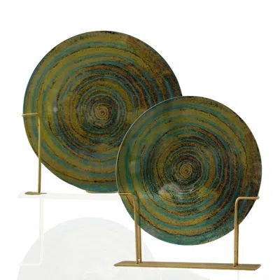 Marleth Green / Gold Rainbow Spiral Glass Decorative Plates Set In Multi
