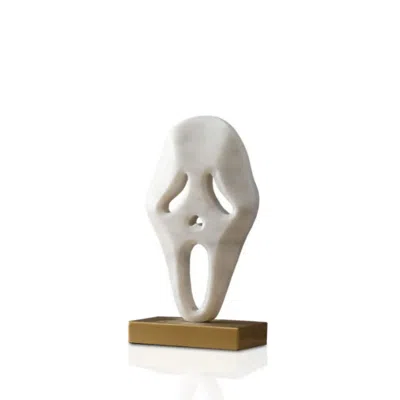 Marleth Hand-carved White Marble Ghost Face Sculpture With Brass Base For Modern Horror Art Decor
