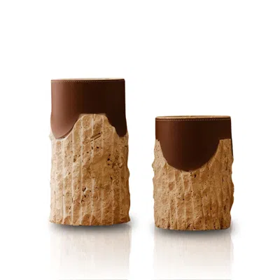 Marleth Neutrals / Brown Set Of Two Handmade Travertine Vases Beige Stone & Cinnamon Leather Wrap Detail