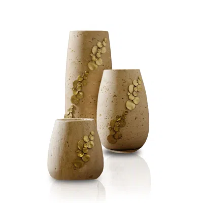 Marleth Neutrals / Gold Three-piece Travertine Lexi Vase Set –  Sculptural Arrangement With Brass Detailing