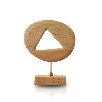 Marleth Neutrals Handmade Travertine Sculpture Beige Stone With Cut-out Triangle On Brass Stand