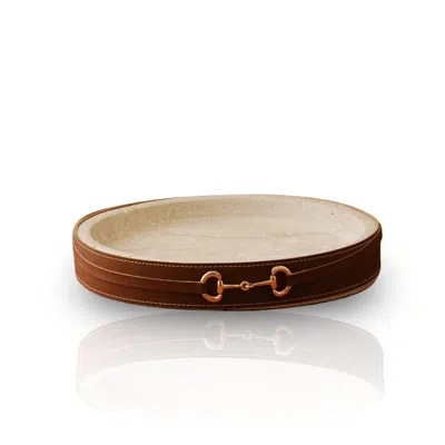 Marleth Neutrals Handmade Travertine Tray Beige Stone & Cinnamon Leather Belt Detail
