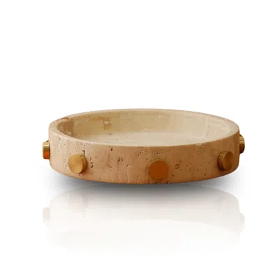 Marleth Neutrals Handmade Travertine Tray Beige Stone & Polished Brass Stud Detail