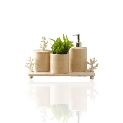 Marleth Neutrals Luxury Four Pieces Marble Bathroom Set & Beige Marble, Golden Accents