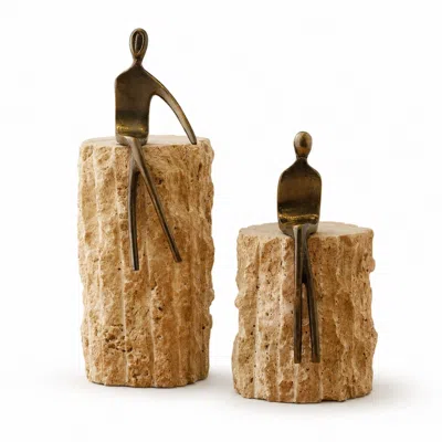 Marleth Neutrals Seated Man Travertine Sculpture Set Two In Beige